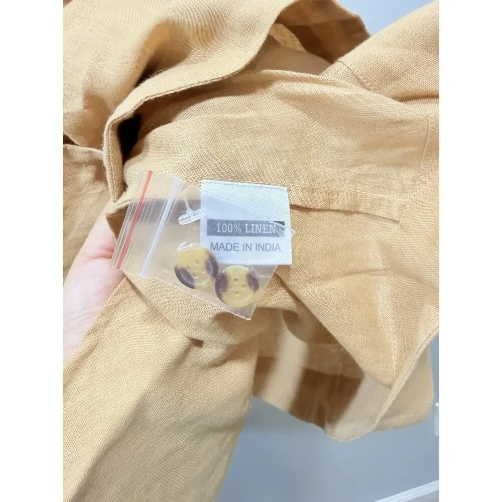 LIVRO Camel 100% Linen Round Neck Button Front Puff Sleeve Shift Dress size XS